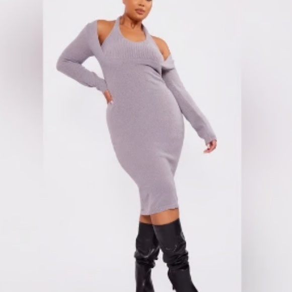 NWT PrettyLittleThing Gray Halter Neck Knitted Long Sleeves Mid Dress Plus XXL - Picture 1 of 14